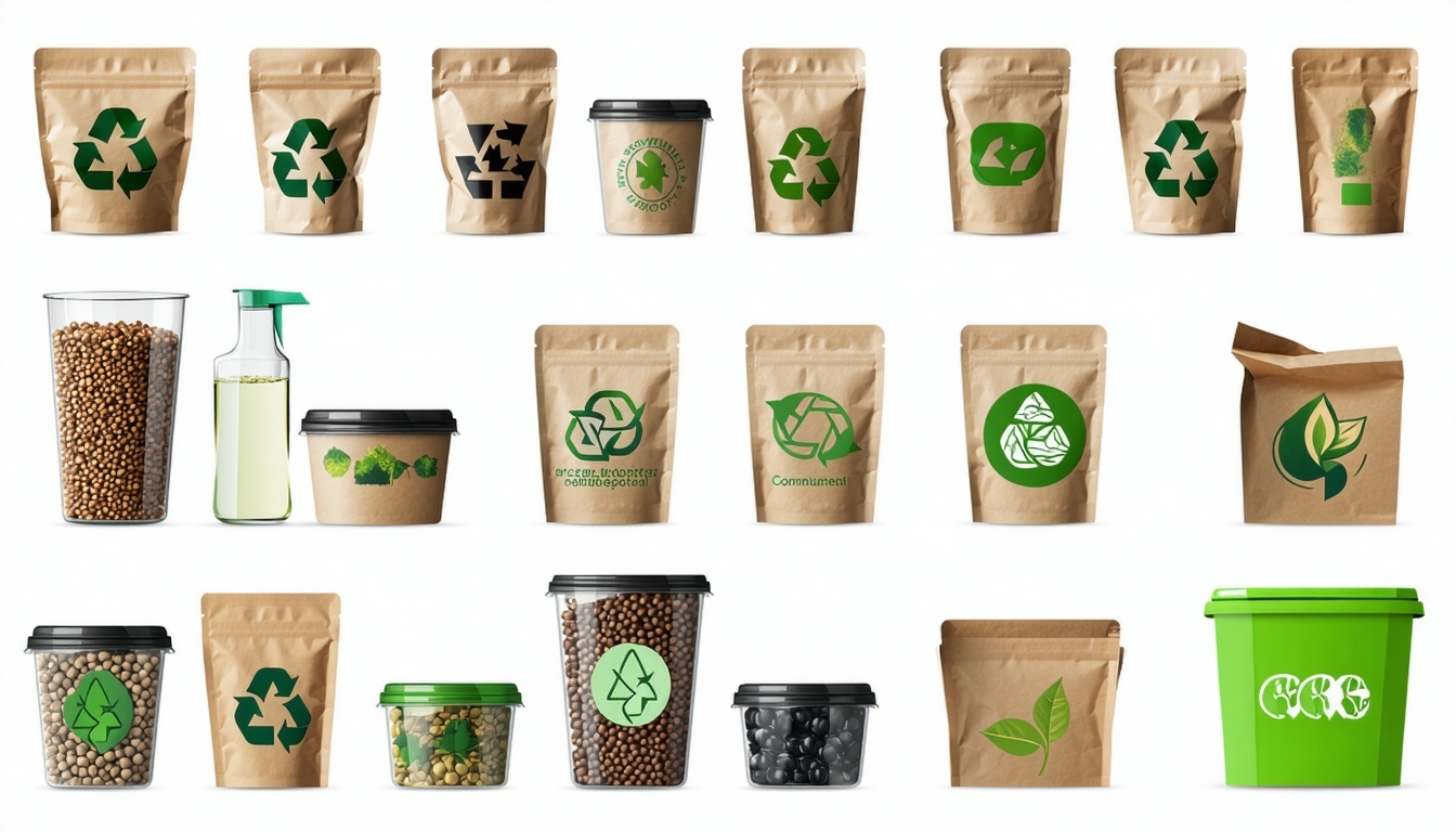 The image features an array of ecofriendly packaging solutions highlighting a variety of containers made from materials that prominently display a recycled tint Each container reflects a commitment to sustainability with textures and colors that sugg